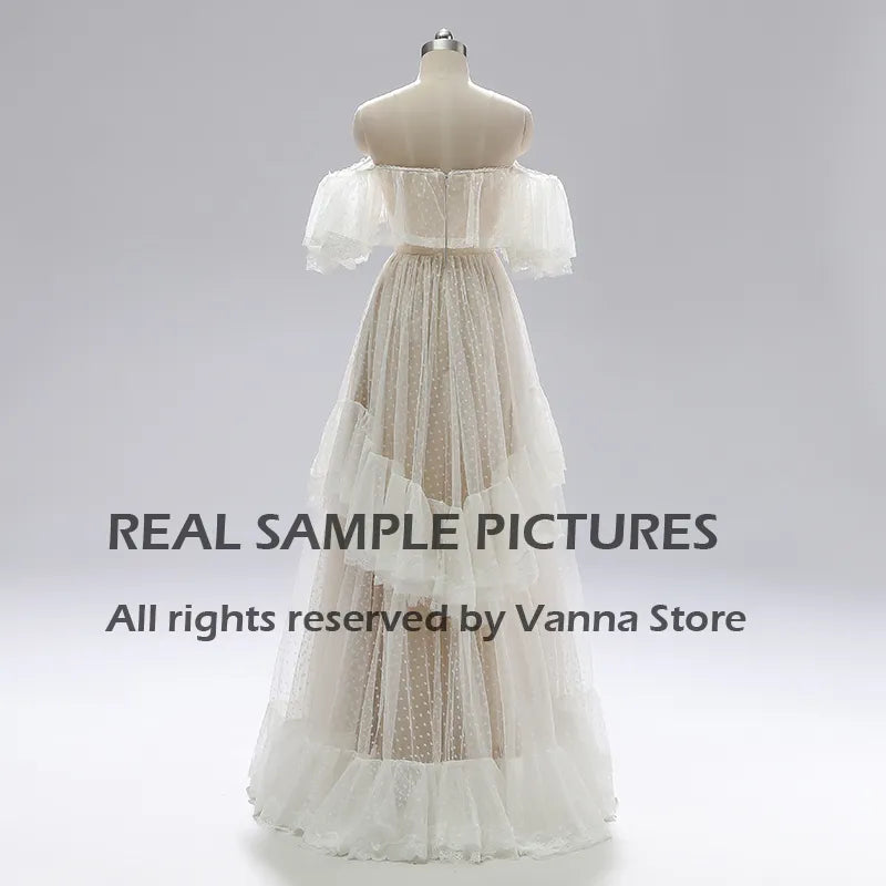 Off Shoulder Polka Dots Wedding Dress Tiered