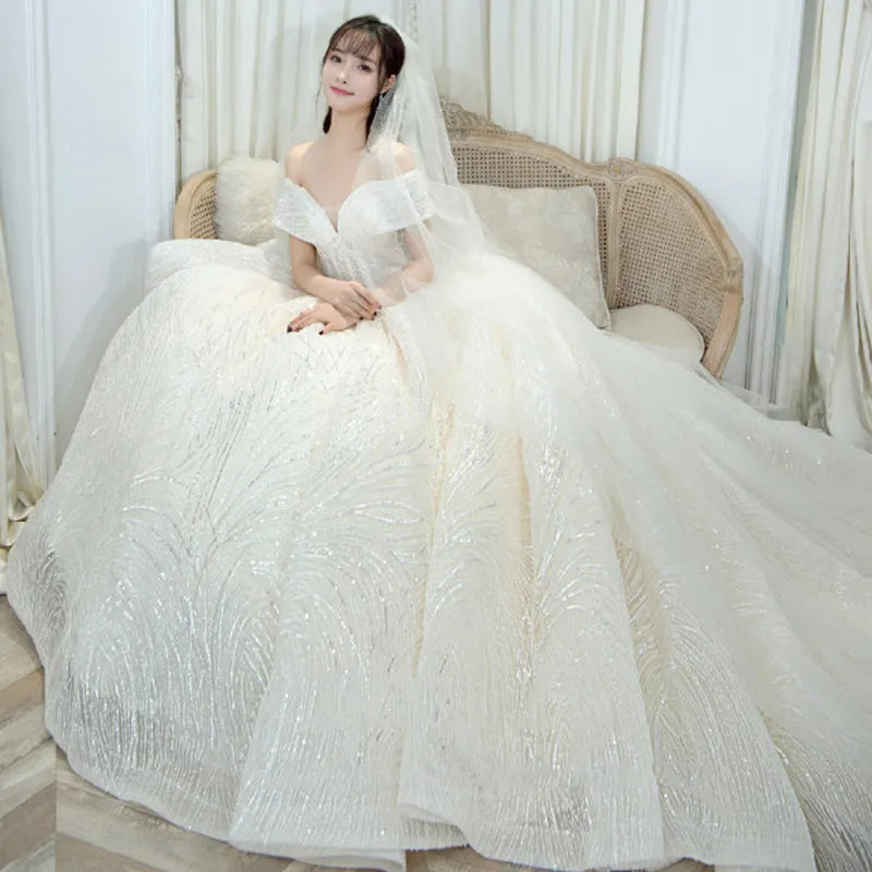 Luxury Sequins Wedding Dress Classic Boat Neck Bridal Gown