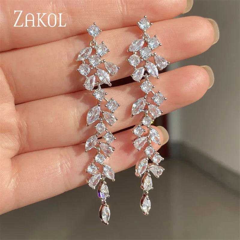 Cubic Zirconia Leaf Dangle Earrings