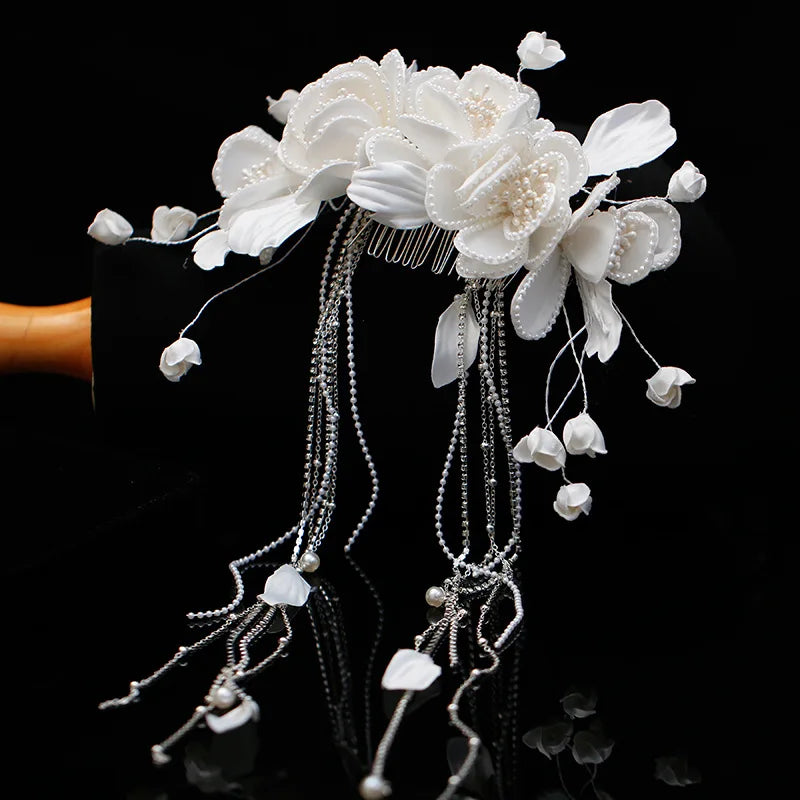 Bridal Satin Pearl Flower comb Beaded Tassel Hairpin