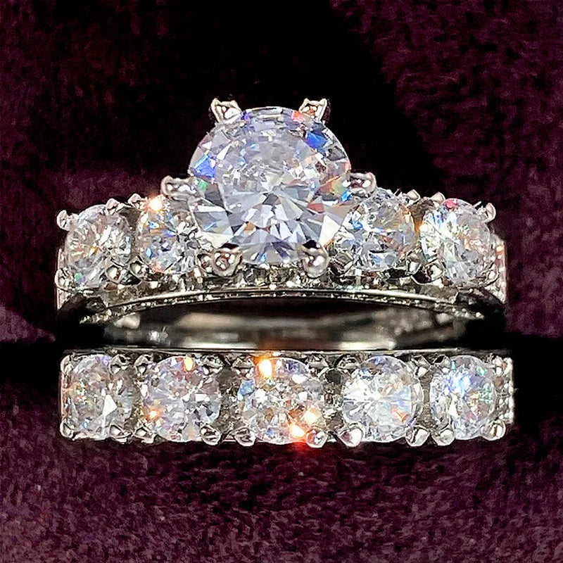 Vintage Engagement Lab Diamond Ring Set 925 Sterling Silver