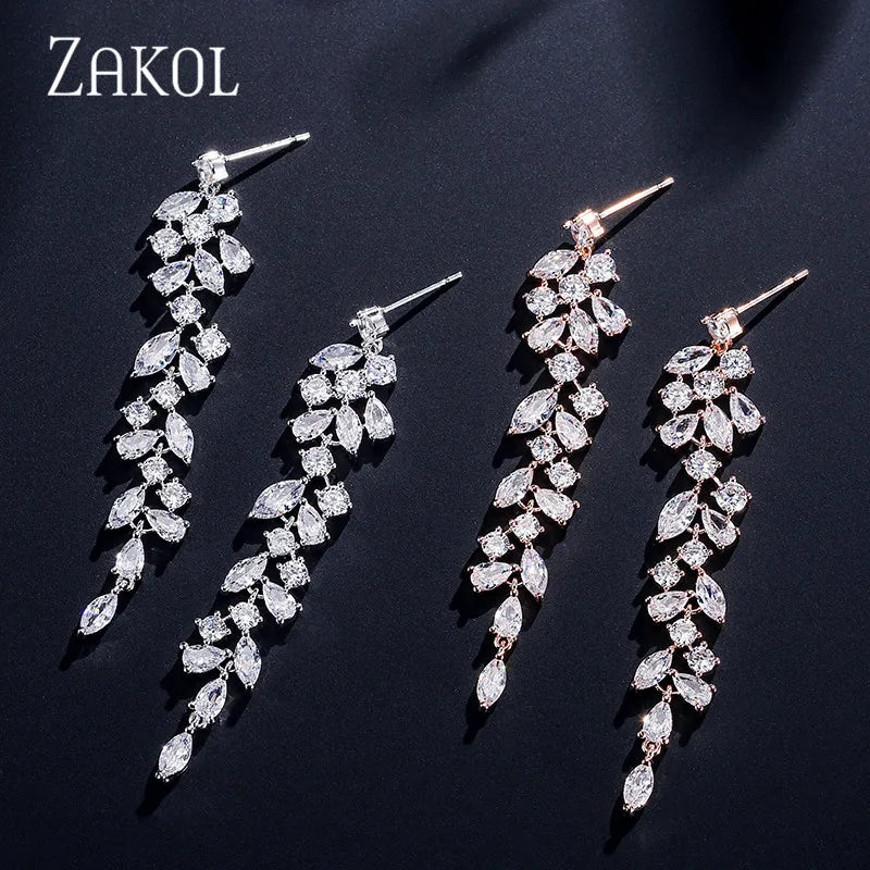 Cubic Zirconia Leaf Dangle Earrings