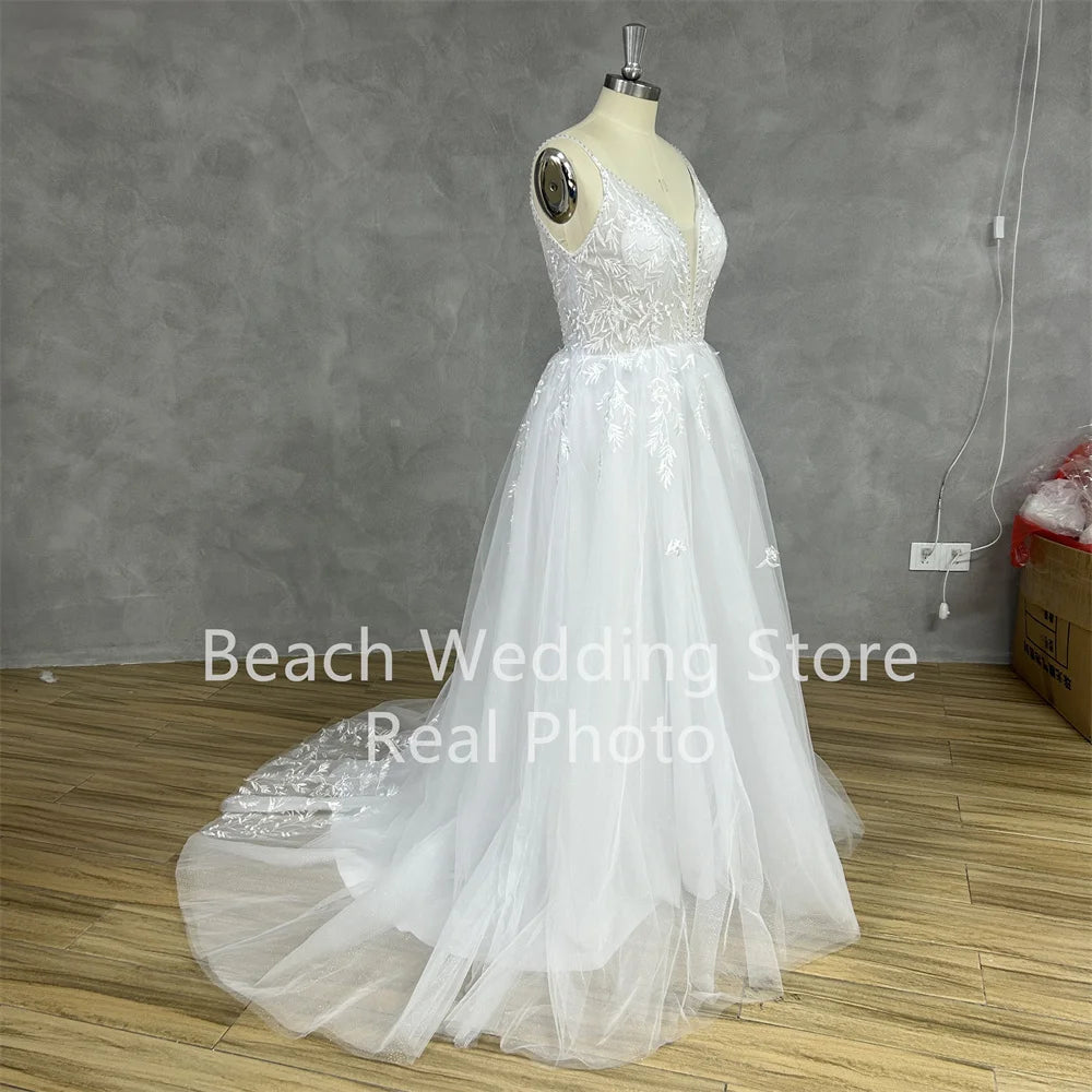 BEACH Spaghetti Strap Deep V Neck Wedding Dress