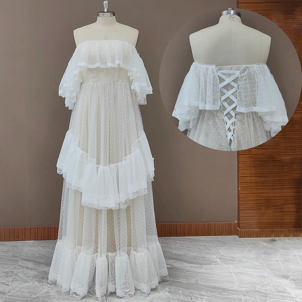 Off Shoulder Polka Dots Wedding Dress Tiered