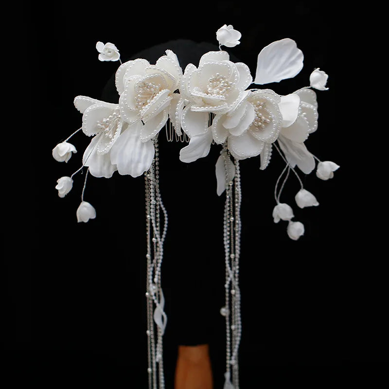 Bridal Satin Pearl Flower comb Beaded Tassel Hairpin