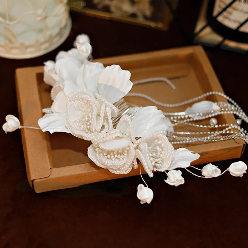 Bridal Satin Pearl Flower comb Beaded Tassel Hairpin