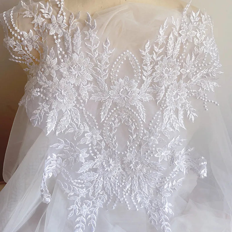 Pure White French Lace Beads 3D Wedding Dress Patch