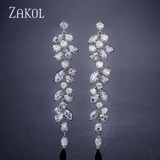 Cubic Zirconia Leaf Dangle Earrings