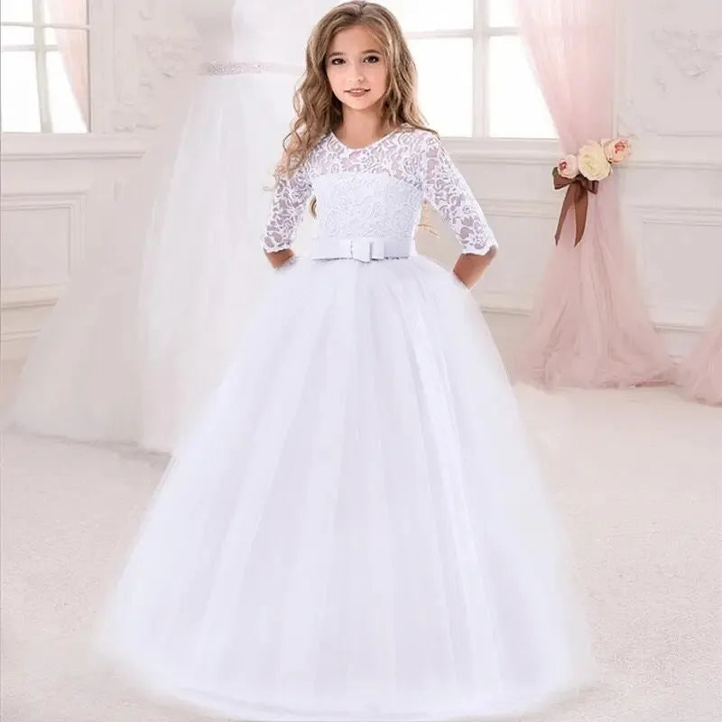 Elegant White Bridesmaid Girl Party Wedding Lace Dress