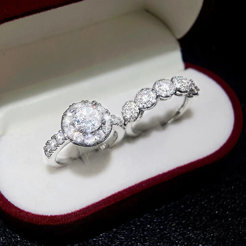 Vintage Engagement Lab Diamond Ring Set 925 Sterling Silver